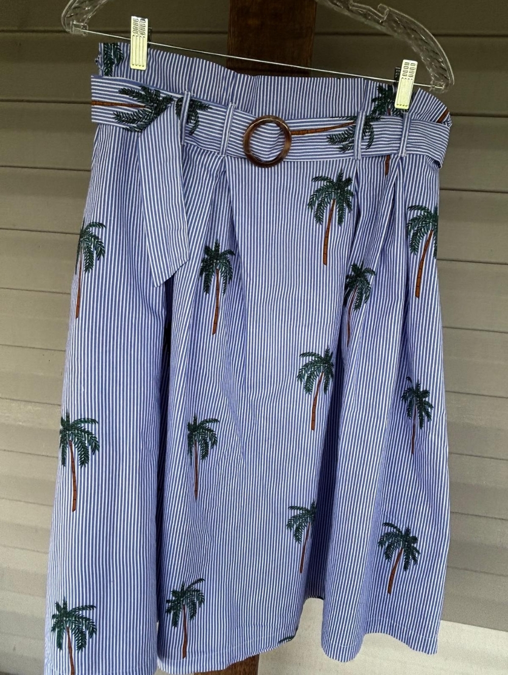 Blue Striped Palm-Print Belted A-Line Midi Skirt